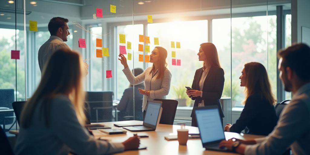 A team of professionals actively using colourful sticky notes on a clear glass wall during an engaging strategic planning session.